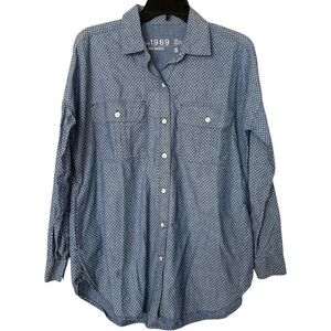 GAP‎ Women's Chambray White Polka Dot Long Sleeve Button Front Shirt Size Small